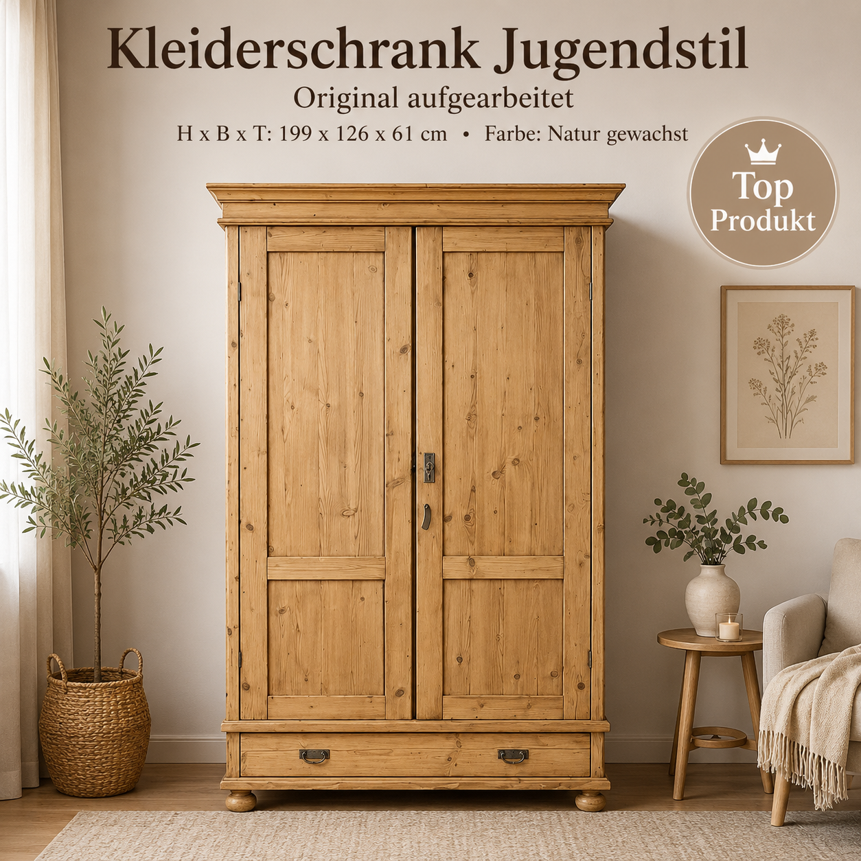Jugendstil Kleiderschrank antik – aufgearbeitet mit Kleiderstange & Schublade