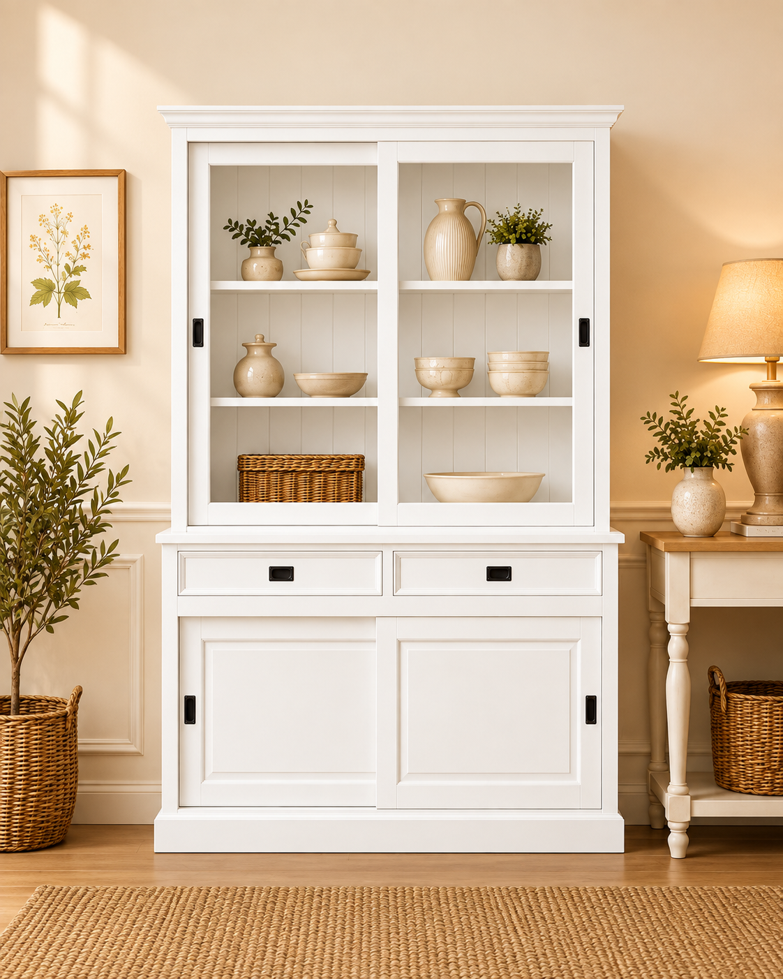 Landhaus Vitrinenschrank Neuss 150 cm Weiß Buffetschrank