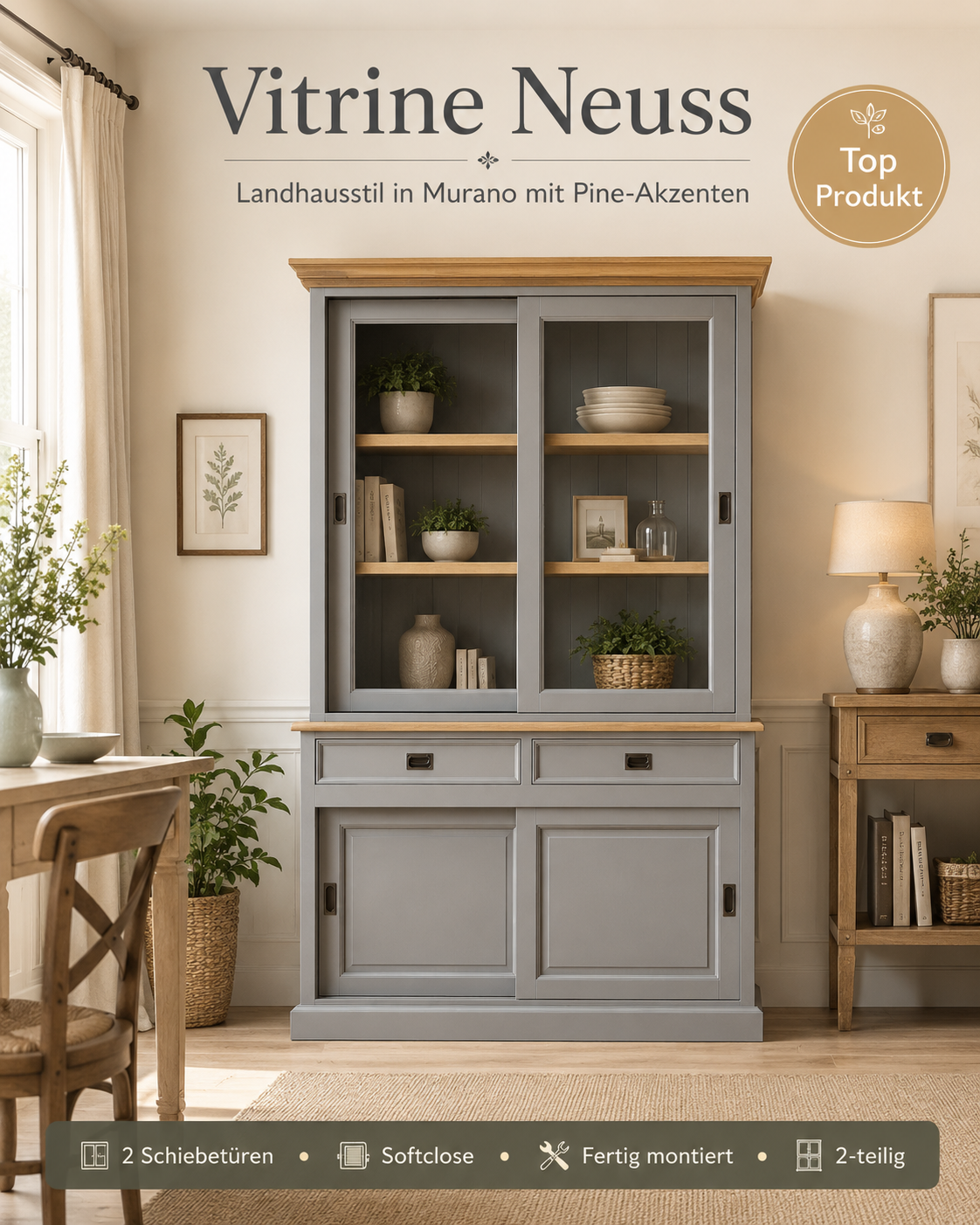 Vitrinen Schrank Neuss 130 cm Murano/Eiche - Buffet Schrank mit Schiebetüren