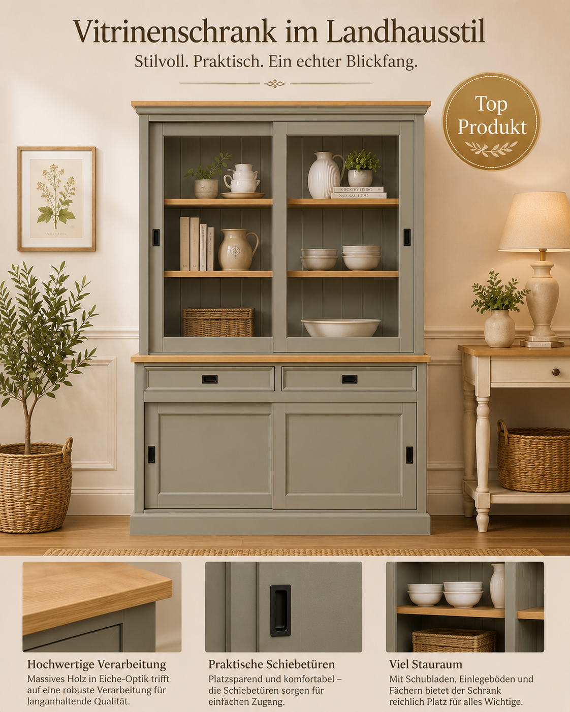 Vitrinen Schrank Neuss 150 cm Zementgrau/eiche - Buffet Schrank mit Schiebetüren