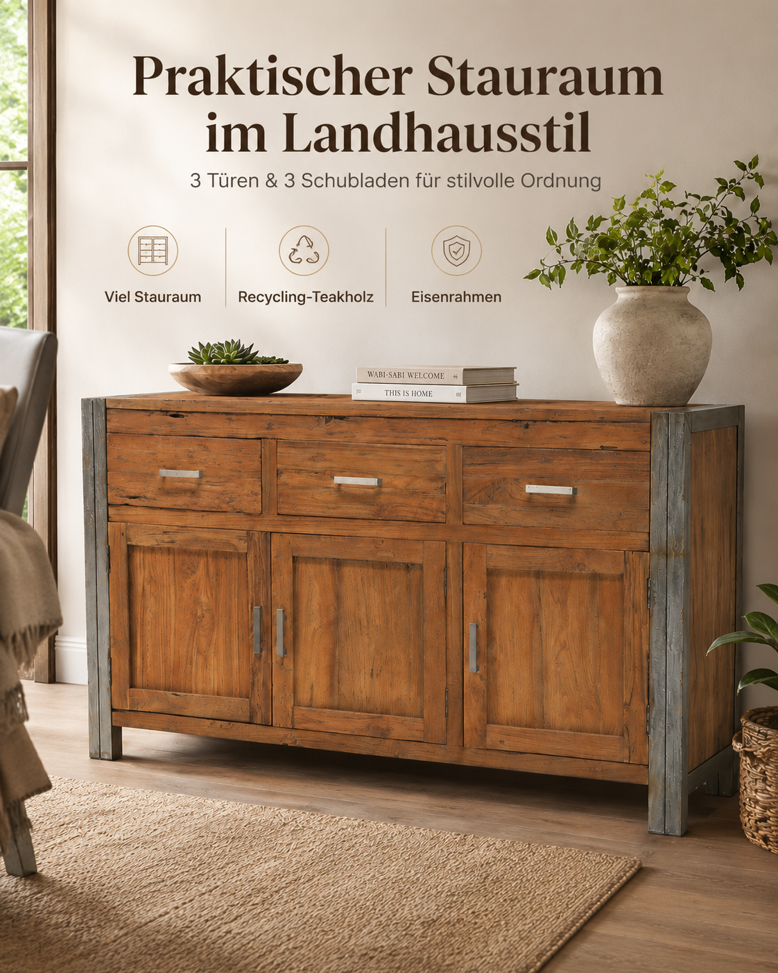 Sideboard Vintage Teak - Massivholz Kommode 3 Schubladen