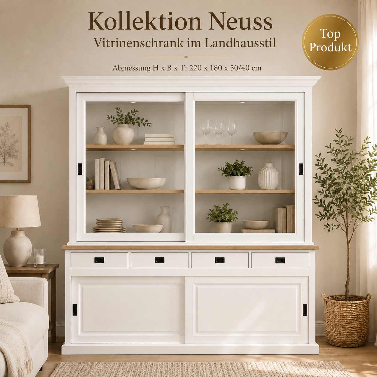 Vitrinenschrank Neuss 180 cm weiß mit Eiche – Landhaus Schrank