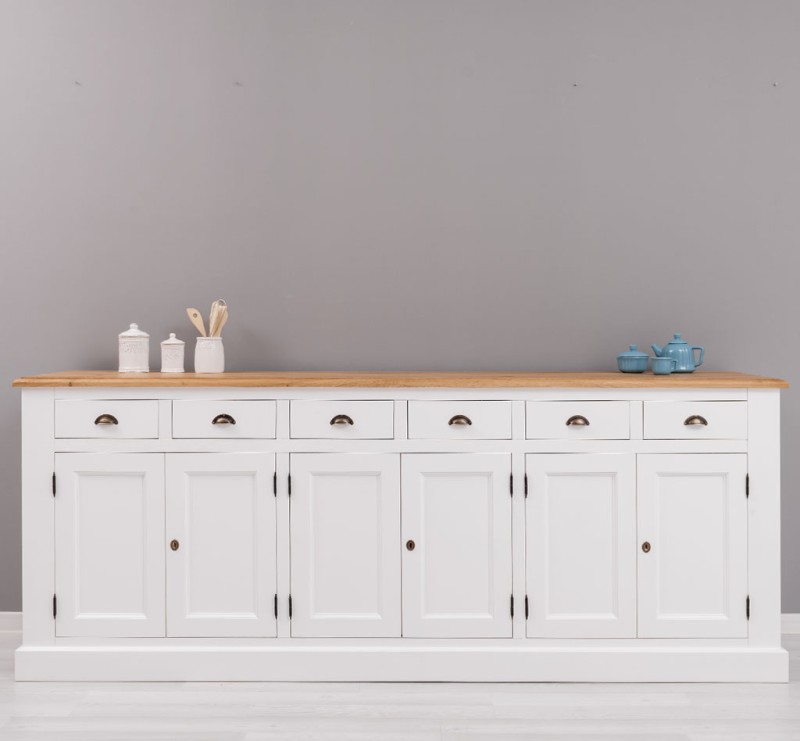 Landhaus Sideboard mit 6 Türen und 6 Schubladen mit Eichenplatte Kommode 239 cm