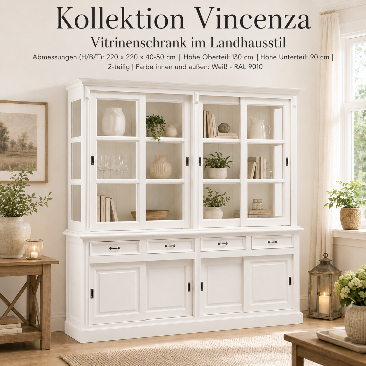 Vitrinen Schrank Vincenza 220 cm weiß - Landhaus Vitrine