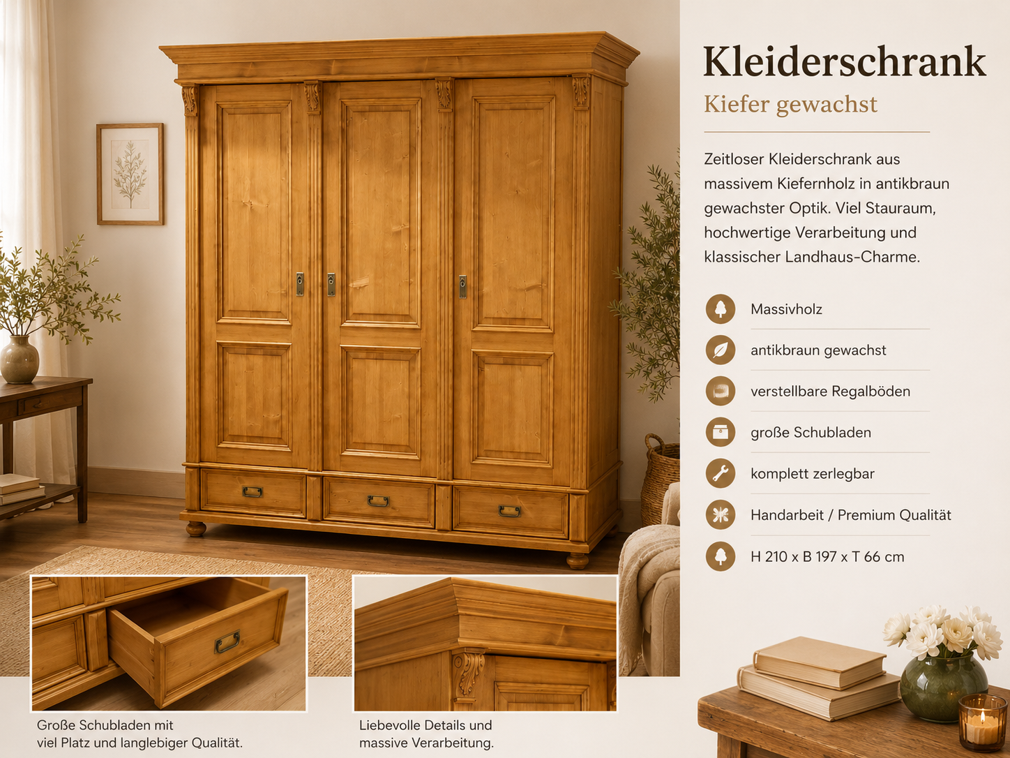Premium Landhaus Kleiderschrank 3-türig, Massivholz Schrank im Landhaus Stil
