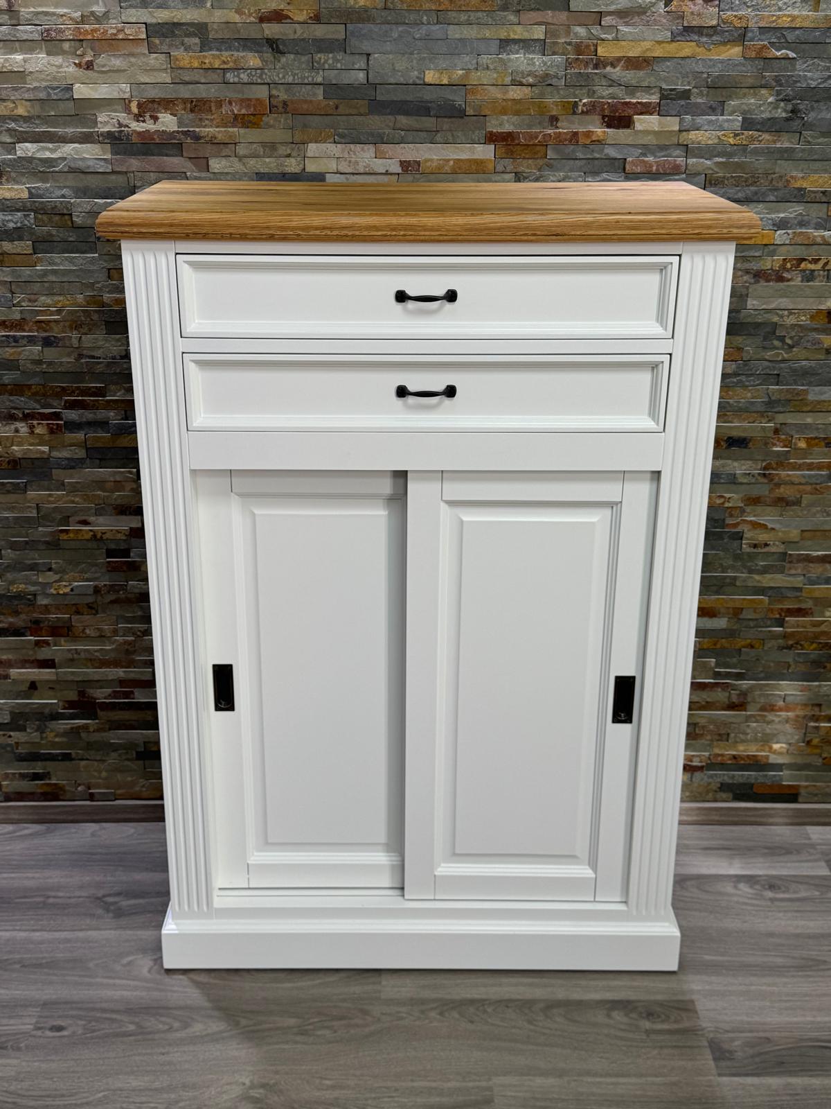 Vincenza Highboard Massivholz – Weiß & Eiche Natur, 140×100×50 cm