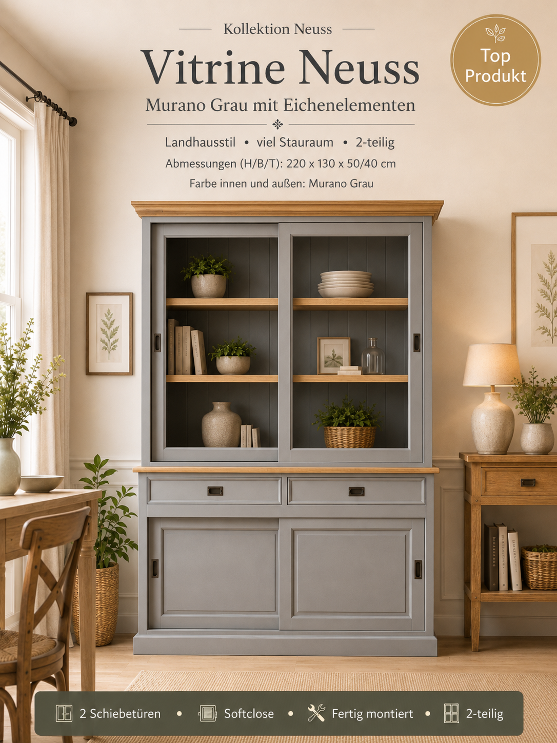 Vitrinen Schrank Neuss 130 cm Murano/Eiche - Buffet Schrank mit Schiebetüren