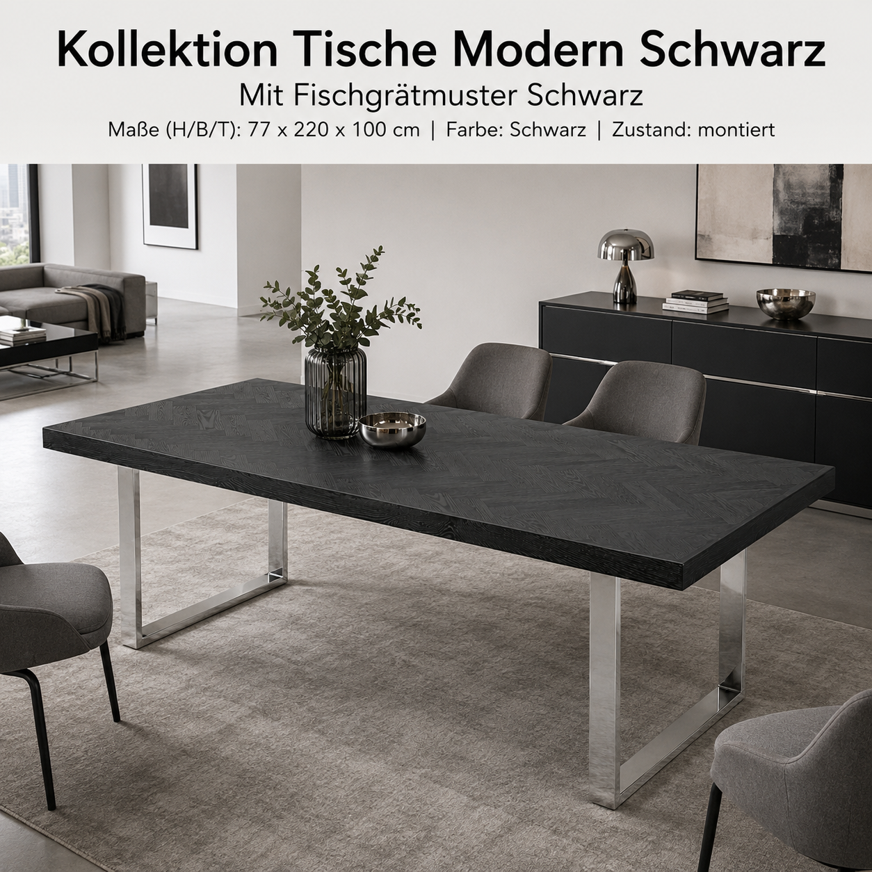 Esstisch Modern Schwarz mit Fischgrätmuster und verchromten Tischbeinen – 220 cm