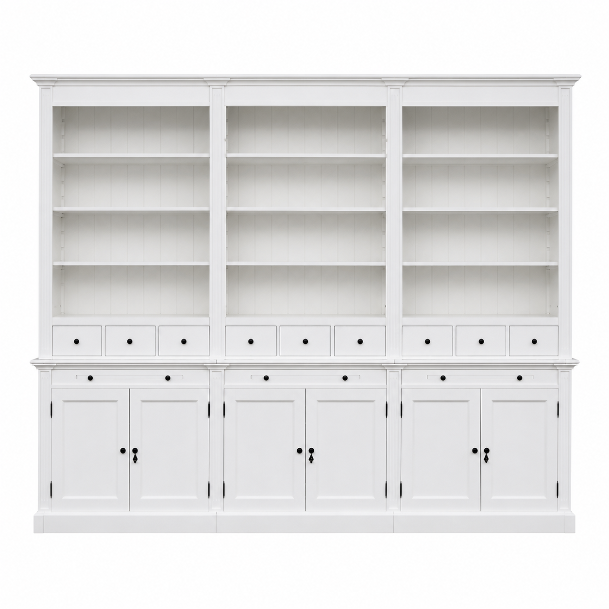 Landhaus Bücherschrank aus Massivholz in weiß – 320 cm breit, mehrteilig