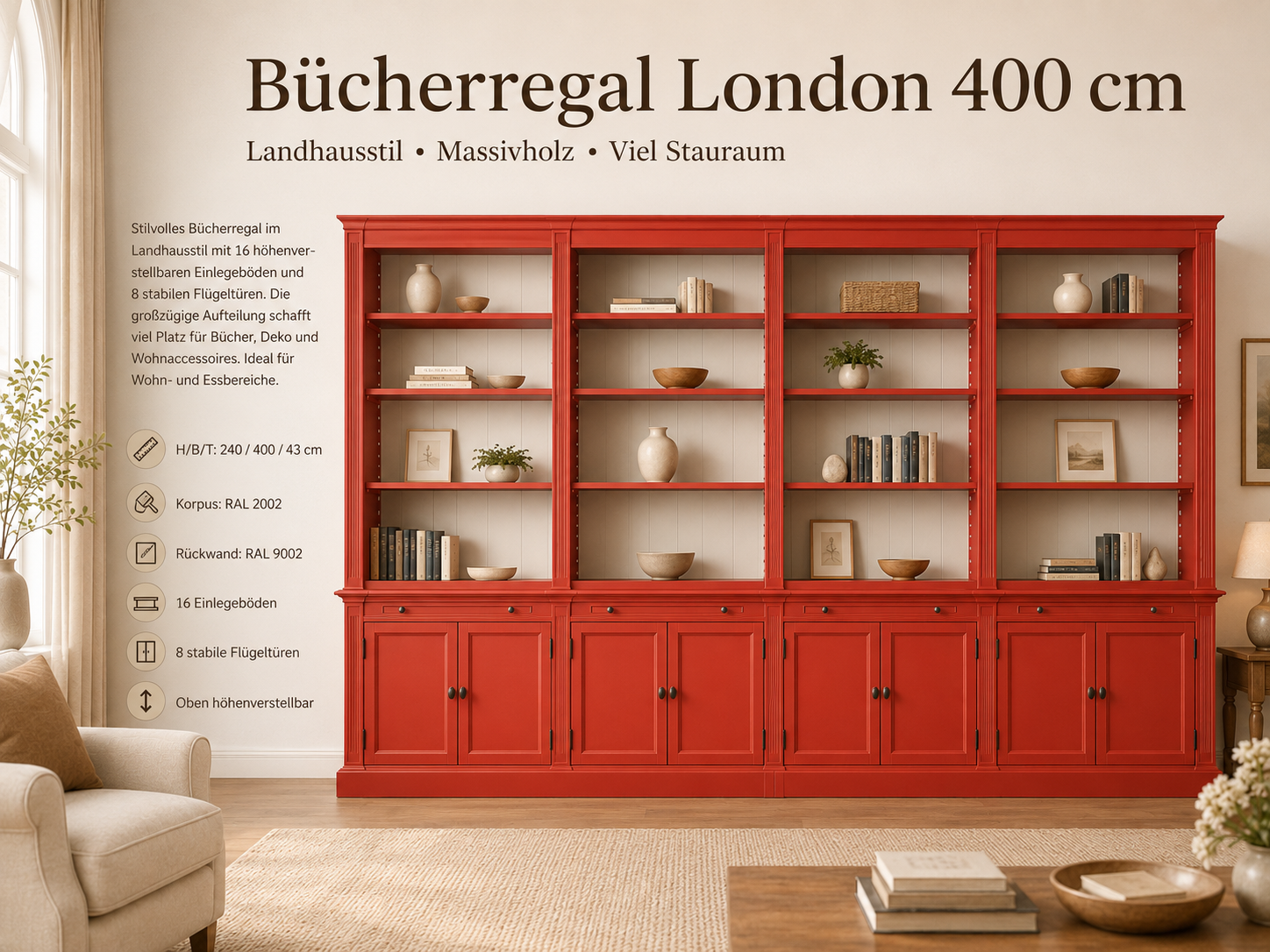 Bücherschrank London 400 cm - mehrteilig Bücherregal im Landhausstil  Blutorange