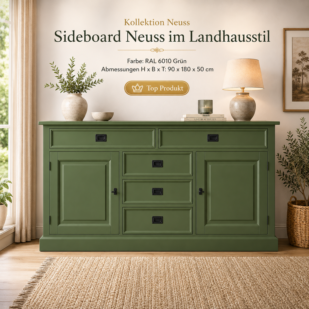 Sideboard Neuss grassgrün 180 cm mit Schiebetüren im Landhaus Stil Kopie
