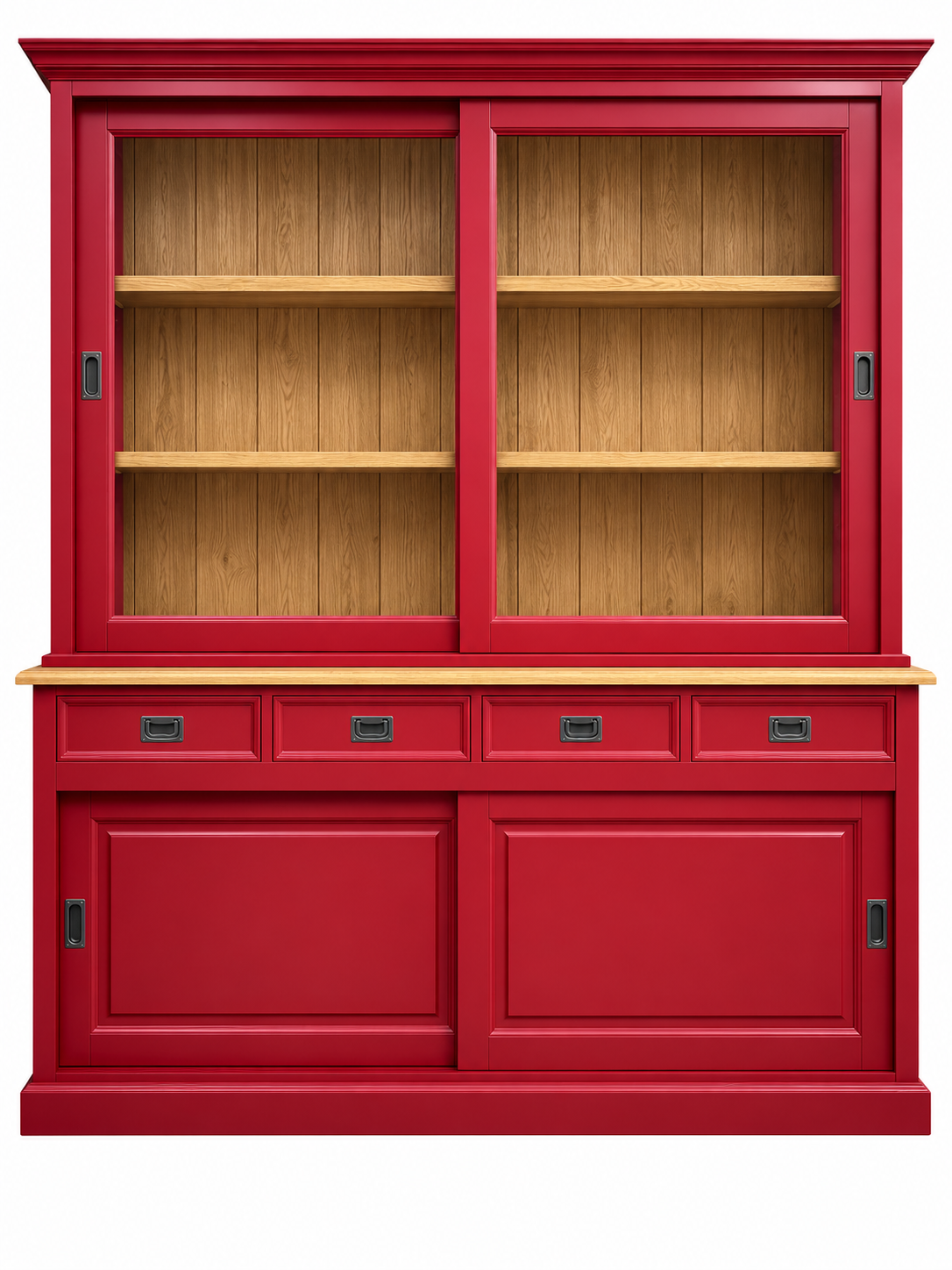 Landhaus Vitrinen Schrank Neuss 180 cm Rot mit Eichenrückwand