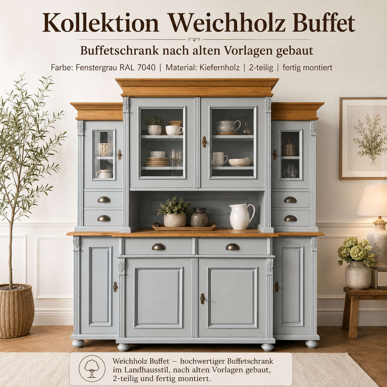 Buffet Schrank im Landhausstil grau/antikbraun - Massivholz Küchenschrank