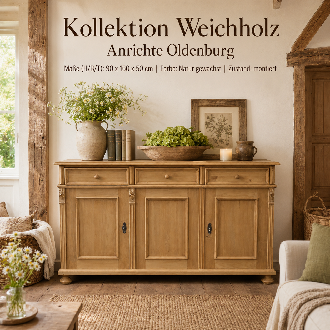 Landhaus Anrichte Oldenburg 160 cm Weichholz Sideboard Kommode