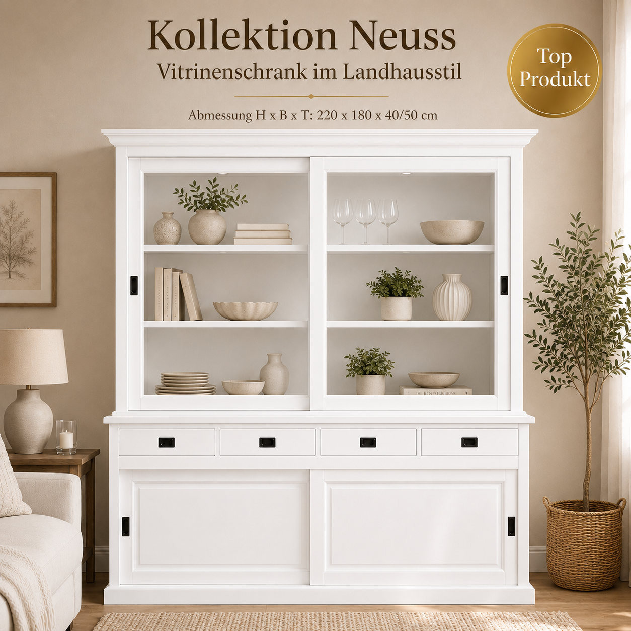 Vitrinen Schrank Neuss 180 cm weiß - Vitrine mit Schiebetüren