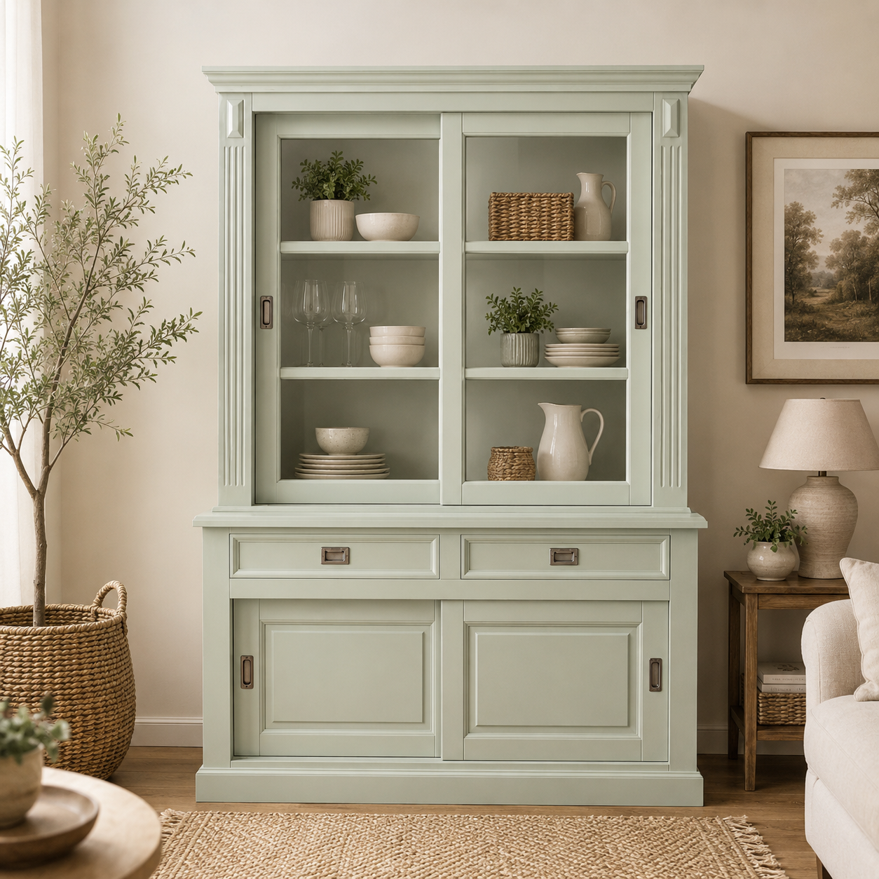 Vitrinen Schrank Vincenza 150 cm Landhaus  Weißgrün