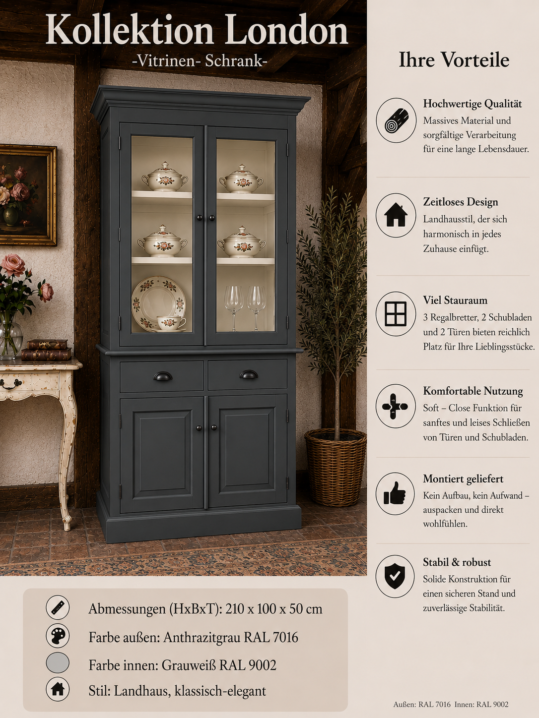 Vitrinen Schrank London Anthrazitgrau/ grauweiß – Landhausstil, 2 Schubladen, 100 breit