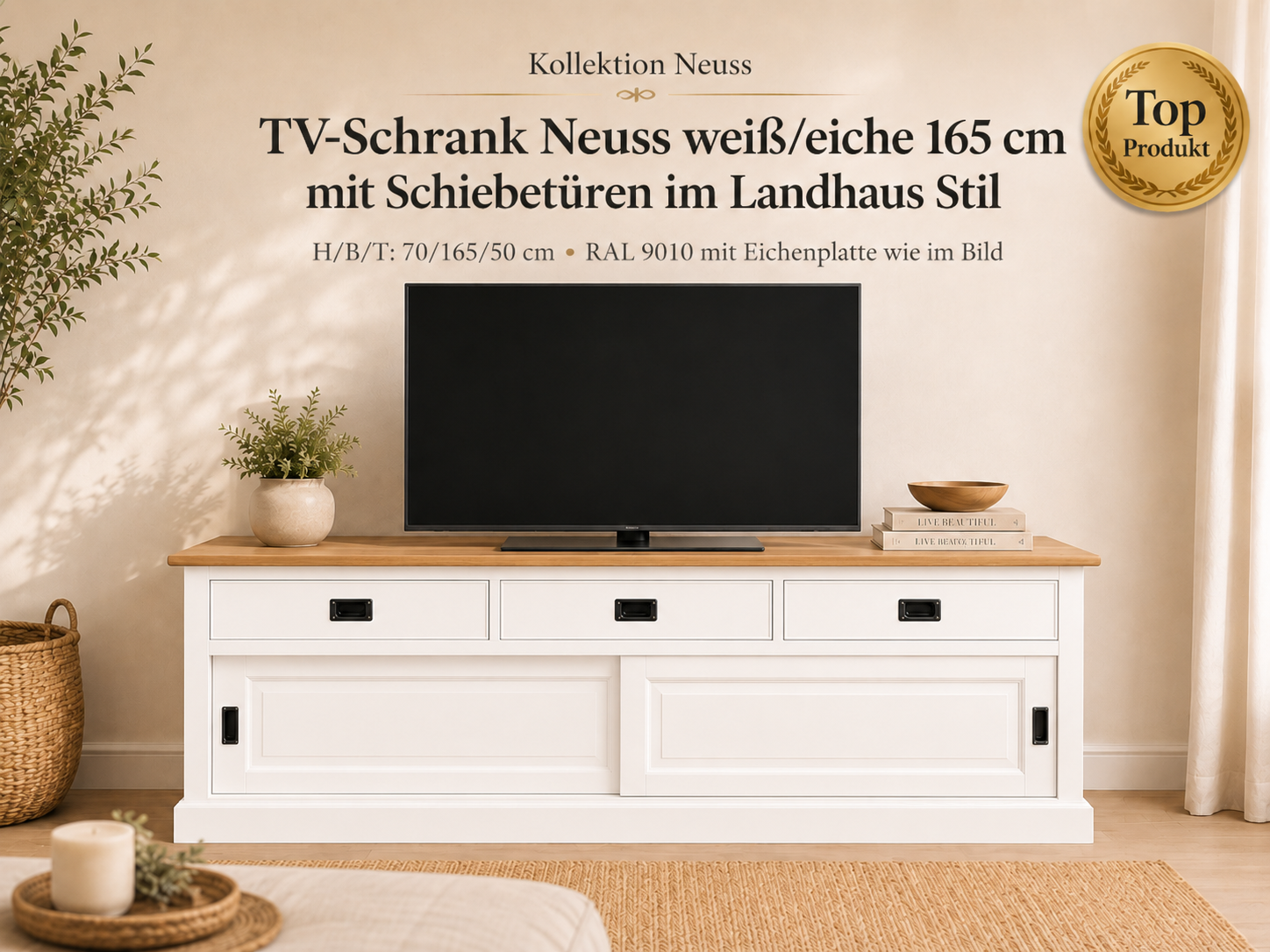 TV Board Neuss 165 cm weiß/eiche - Lowboard mit Schiebetüren
