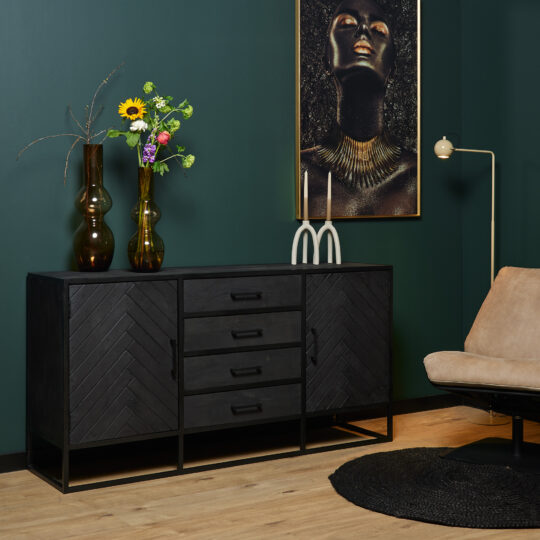 Sideboard New York – Mangoholz massiv, Fischgrätenmuster, 2 Türen & 4 Schubladen, 165 cm