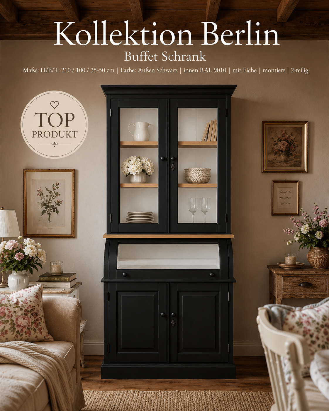Buffet Schrank Berlin 100 cm schwarz- weiß mit Eiche Landhaus- Stil