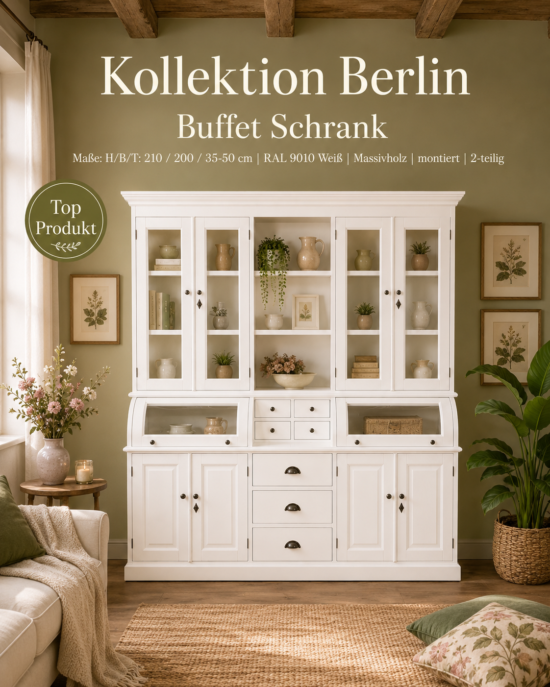 Buffet Schrank Berlin  200 cm im Landhausstil – weiß  200 cm