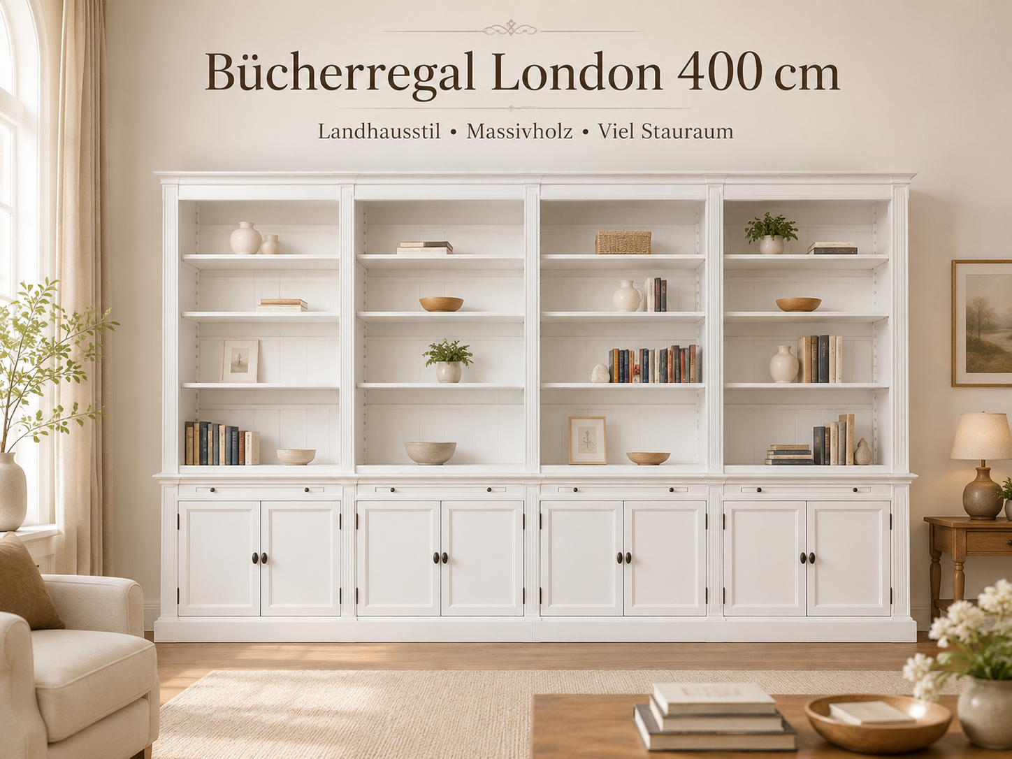 Bücherschrank London 400 cm - mehrteilig Bücherregal im Landhausstil  Weiß