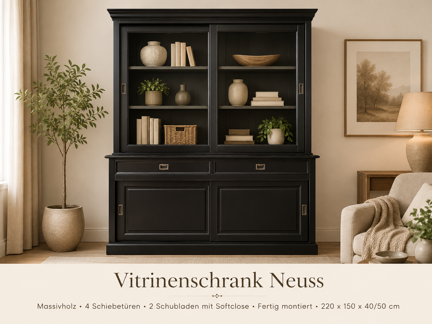 Landhaus Vitrinenschrank Neuss 150 cm Schwarz Buffetschrank