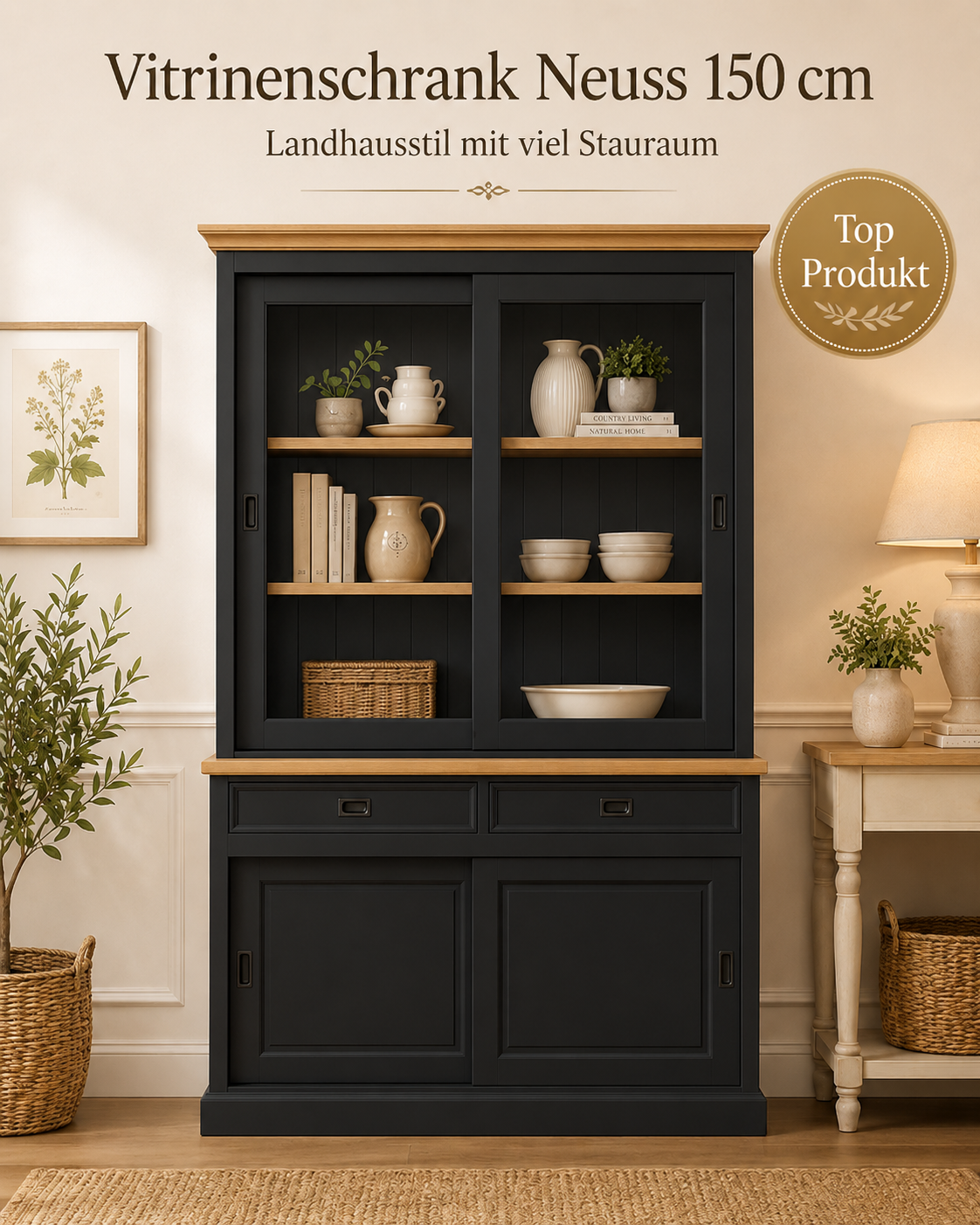 Vitrinen Schrank Neuss 150 cm schwarz/eiche - Buffet Schrank mit Schiebetüren