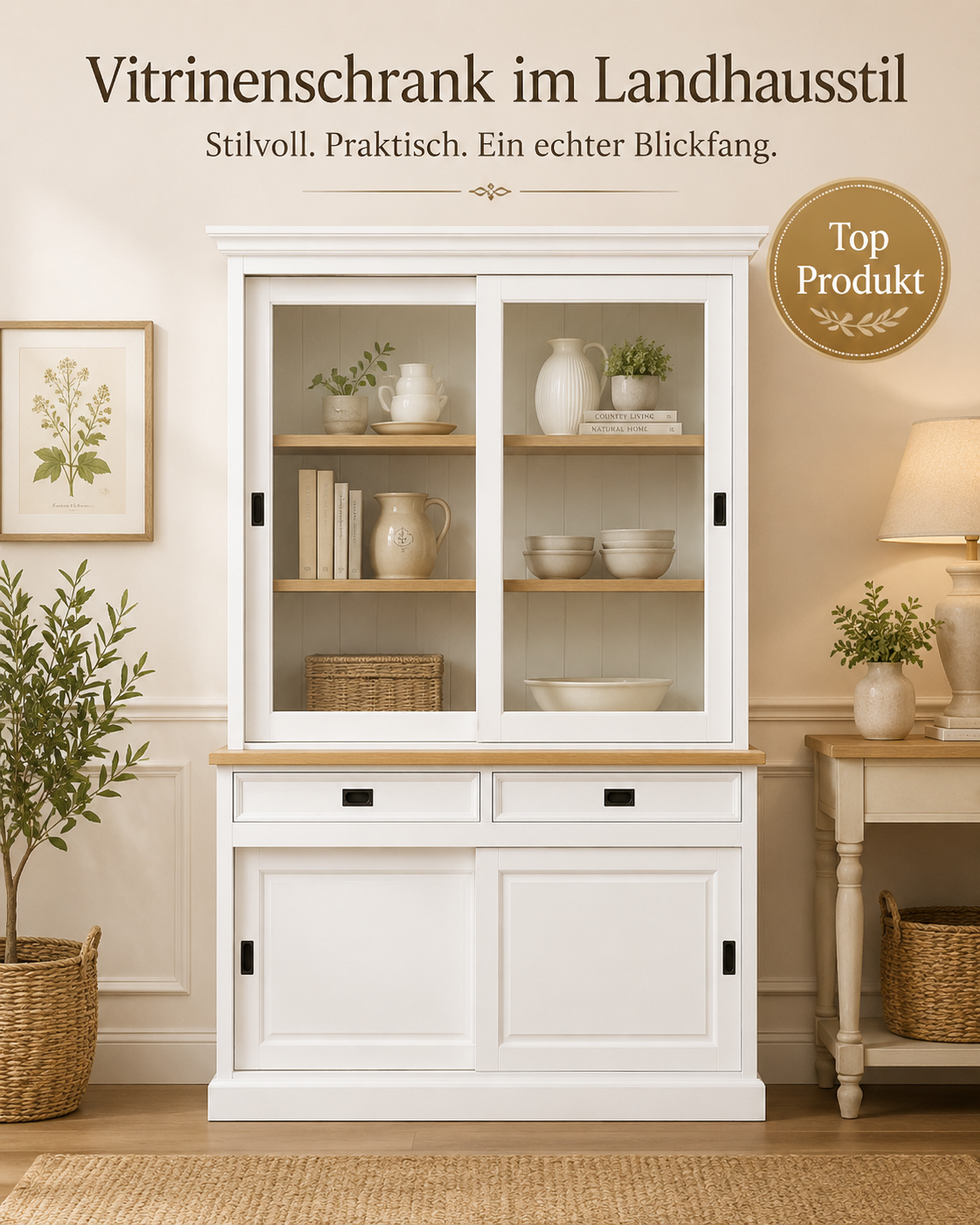 Vitrinen Schrank Neuss 150cm weiß/eiche - Buffet Schrank mit Schiebetüren