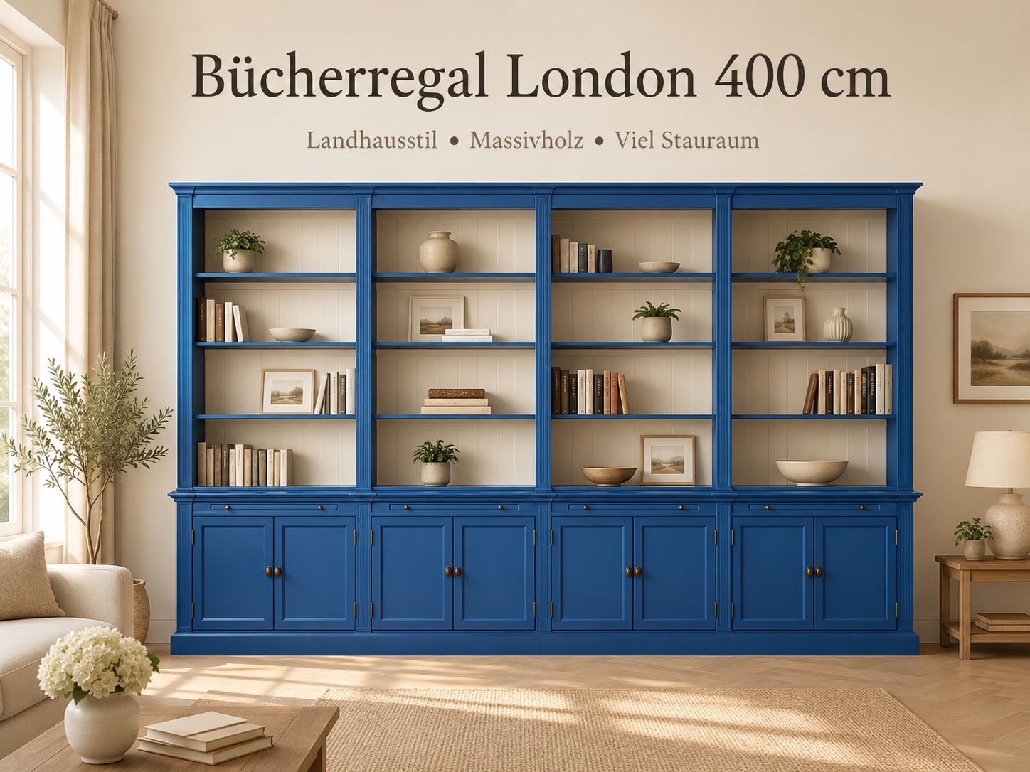 Bücherschrank London 400 cm - mehrteilig Bücherregal im Landhausstil  Capriblau