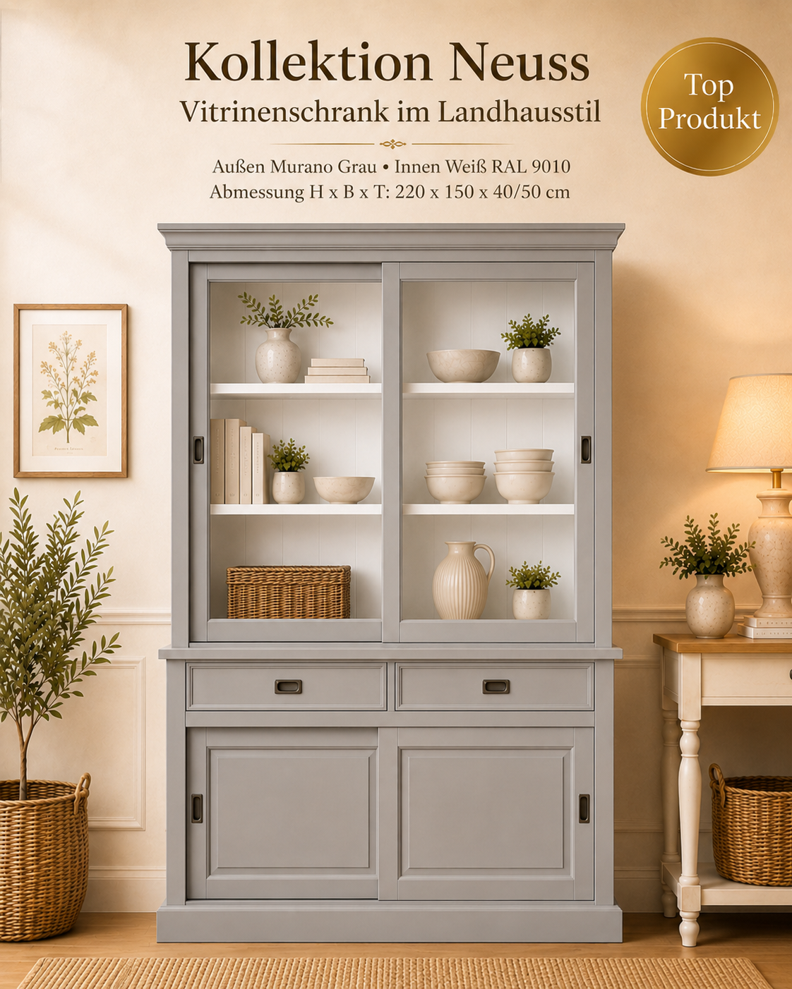 Vitrinen Schrank Neuss 150 cm Murano/Weiß - Buffet Schrank mit Schiebetüren