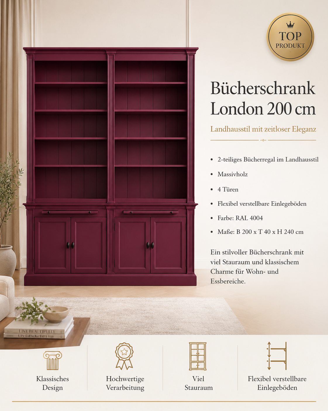 Bücherschrank London 200cm - 2-teiliges Bücherregal im Landhausstil Bordeauxviolett