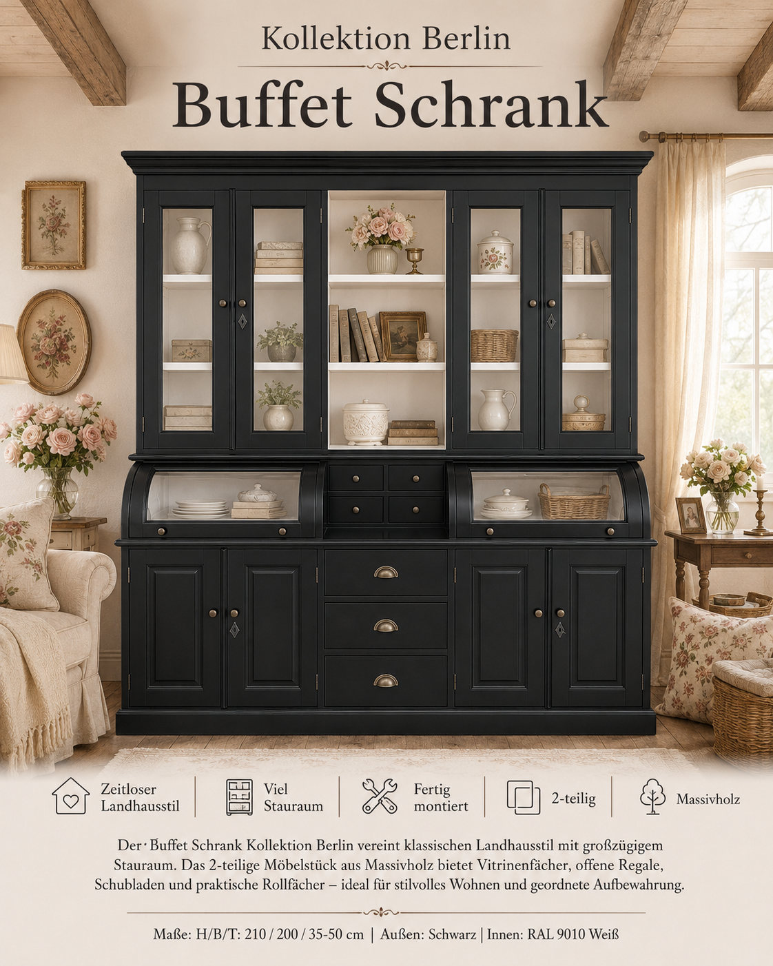 Buffet Schrank Berlin schwarz/weiß 200cm -  Landhaus Möbel