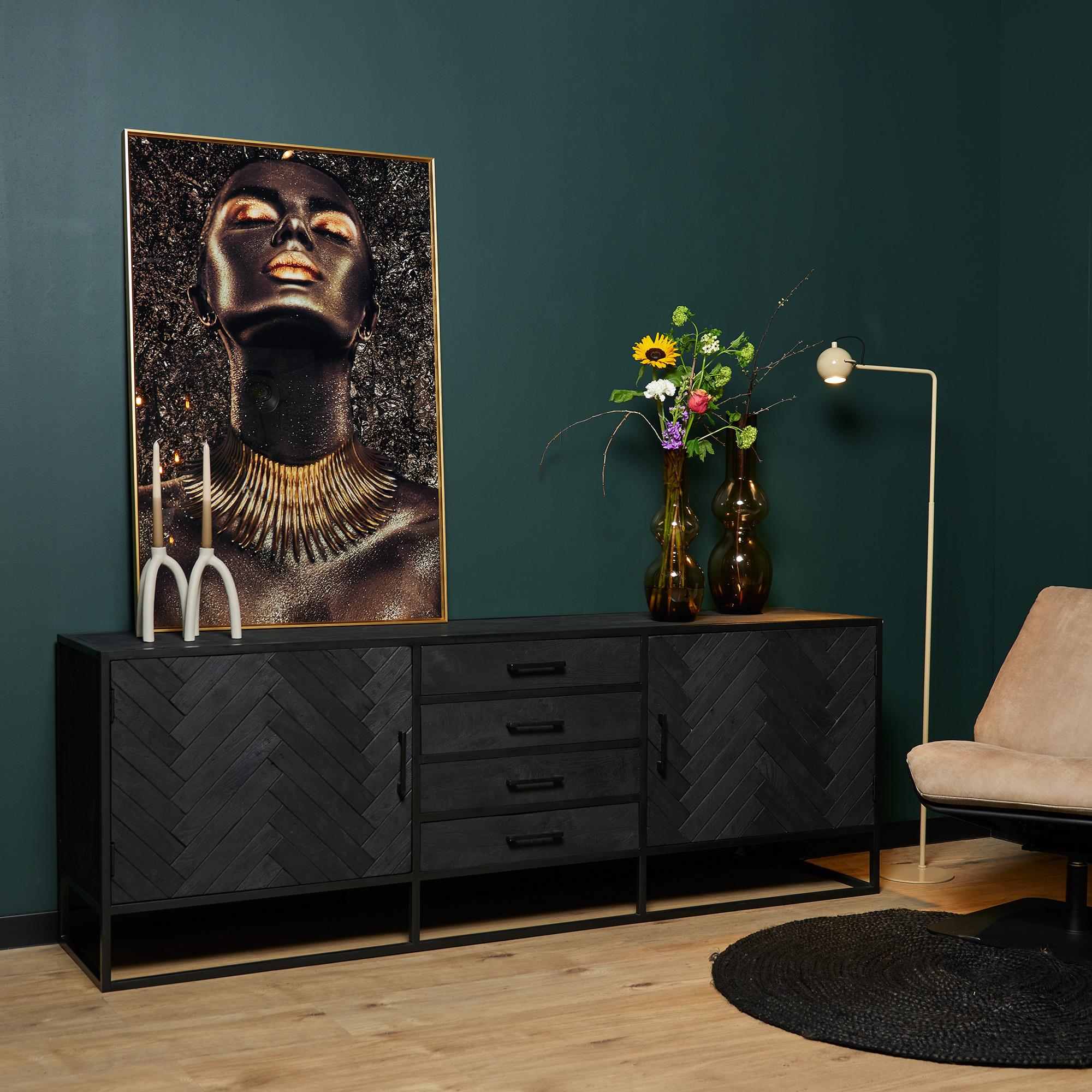 Sideboard New York – Mangoholz massiv, Fischgrätenmuster, 2 Türen & 4 Schubladen, 210 cm