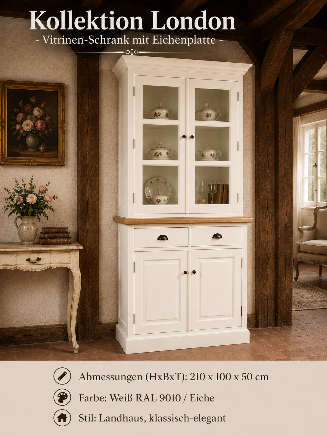 Vitrinenschrank London Weiß RAL 9010 mit Eichenplatte – Landhausstil, 100 cm breit