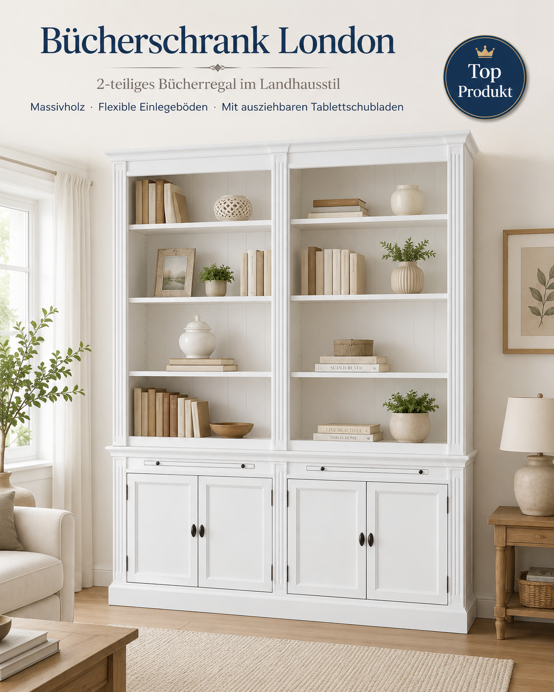 Bücherschrank London 200cm - 2-teiliges Bücherregal im Landhausstil mit 4 Türen