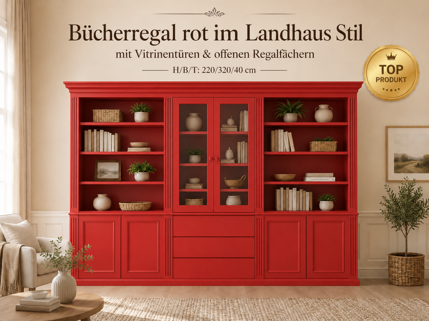 Bücherregal Hamburg 320 cm mit Glastüren