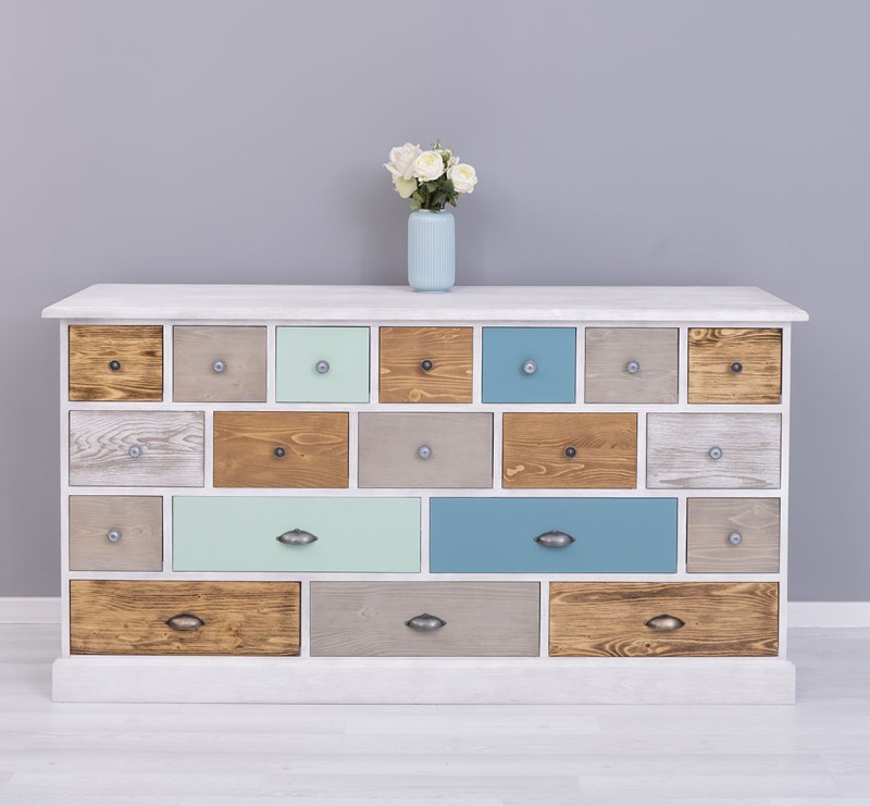 Apothekerschrank mehrfarbig 180 cm breit, 19 Schubladen Kommode Landhaus