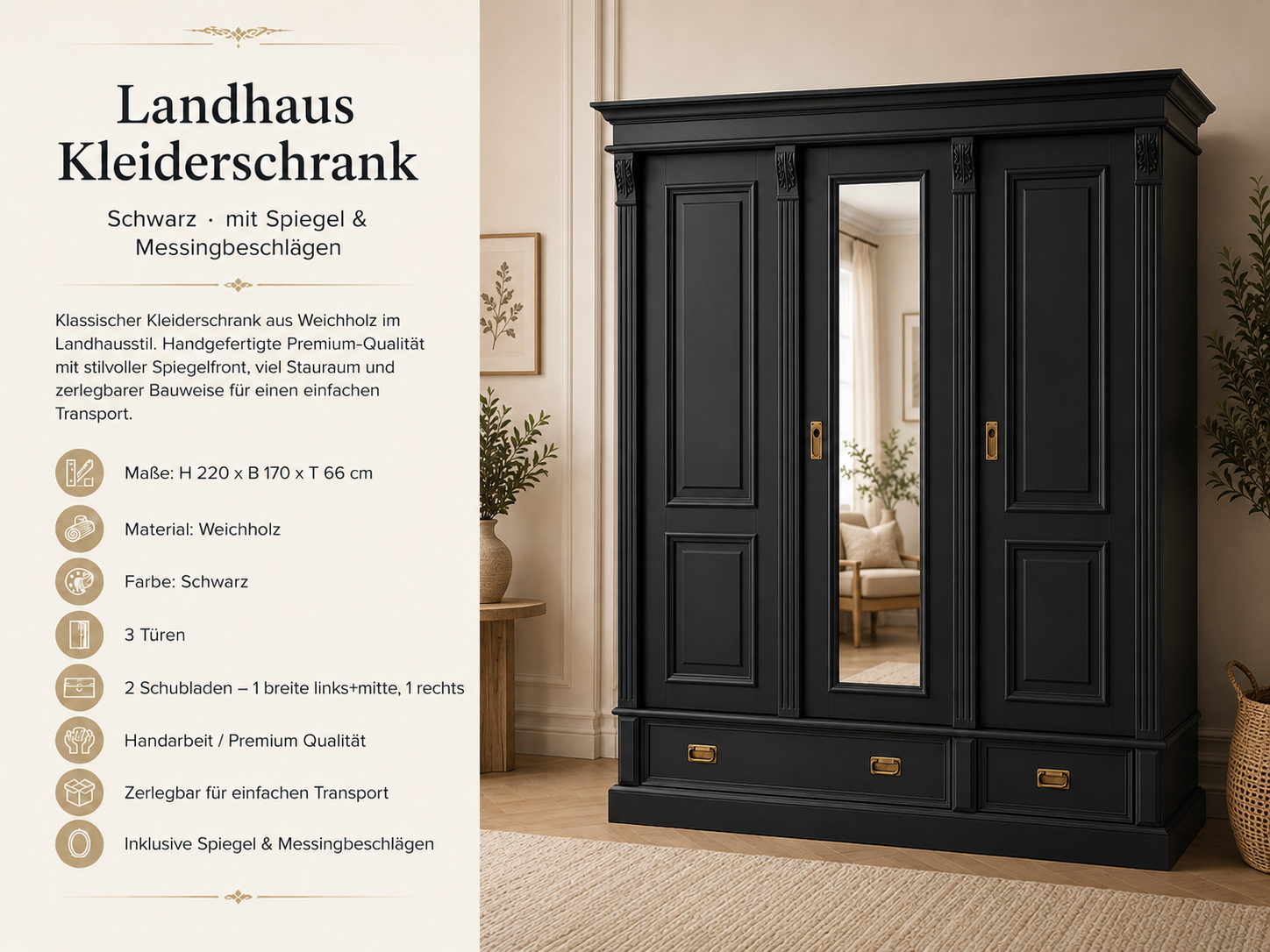 Premium 3-türiger Kleiderschrank schwarz – Weichholz, Landhausstil, mit Spiegel & 3 Schubladen