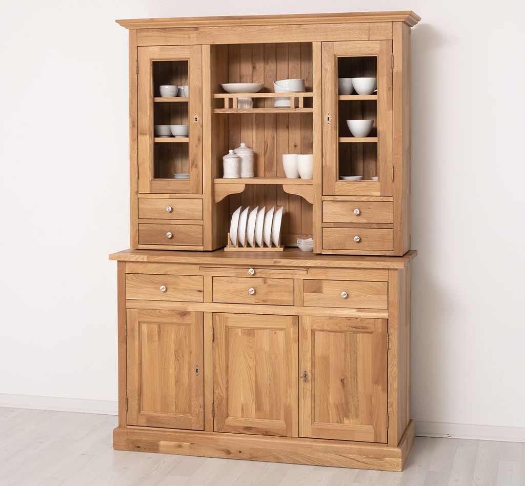 Küchenschrank Vitrine aus 100 % Eiche – Landhausstil, zweiteilig