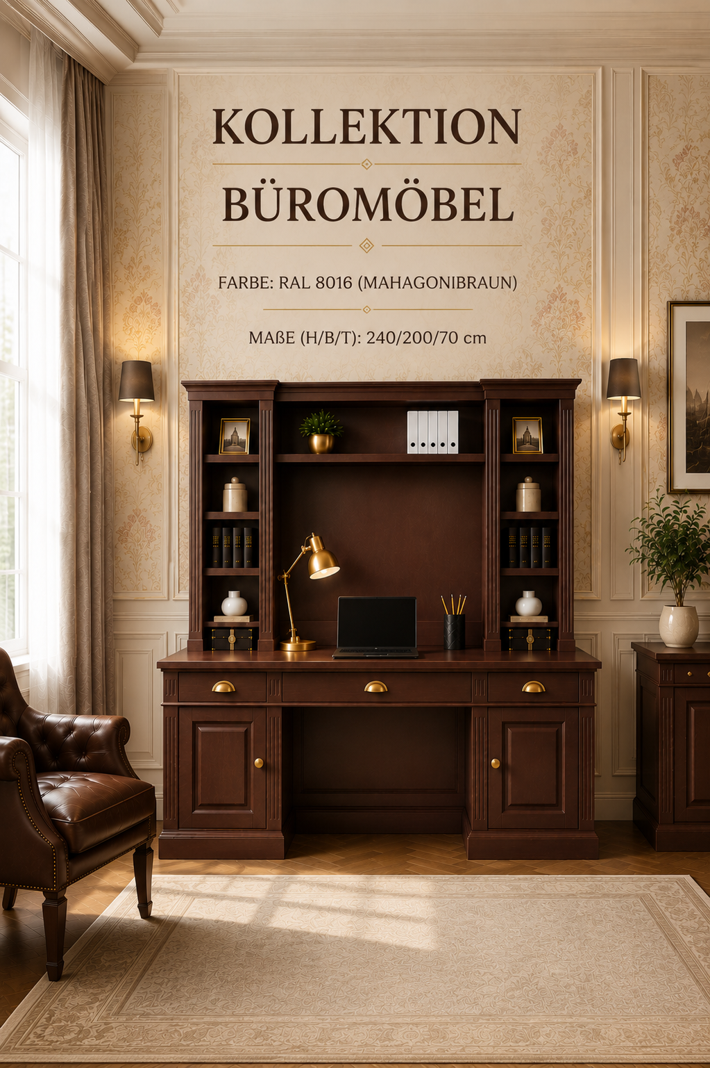 Landhaus Schreibtisch mit Regalaufsatz aus Kiefernholz – Mahagonibraun – 200 cm breit