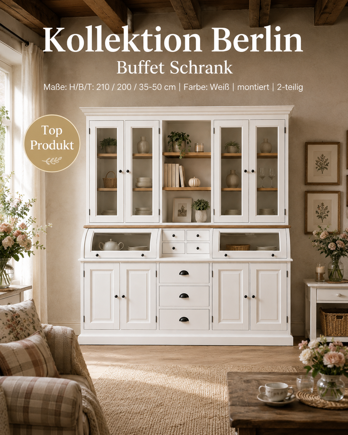 Buffet Schrank Berlin 200 cm - weiß/eiche Landhaus-Stil