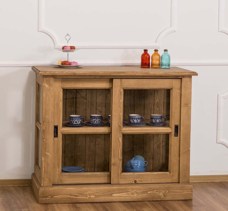Küchen Kommode mit Glasschiebetüren und seitlichem Glas Sideboard Landhaus