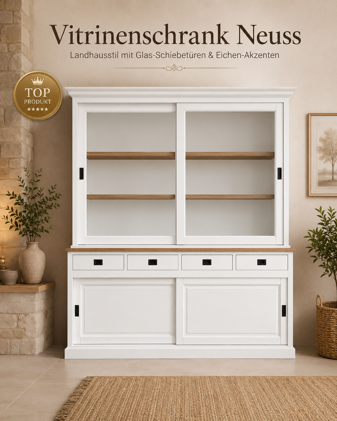 Vitrinenschrank Neuss 200 cm weiß mit Eiche – Landhaus Buffetschrank