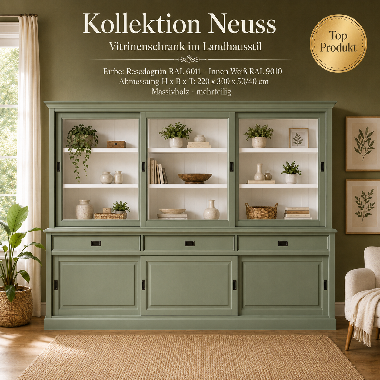 Vitrinenschrank Neuss 300 cm Resedagrün-weiß, Vitrine