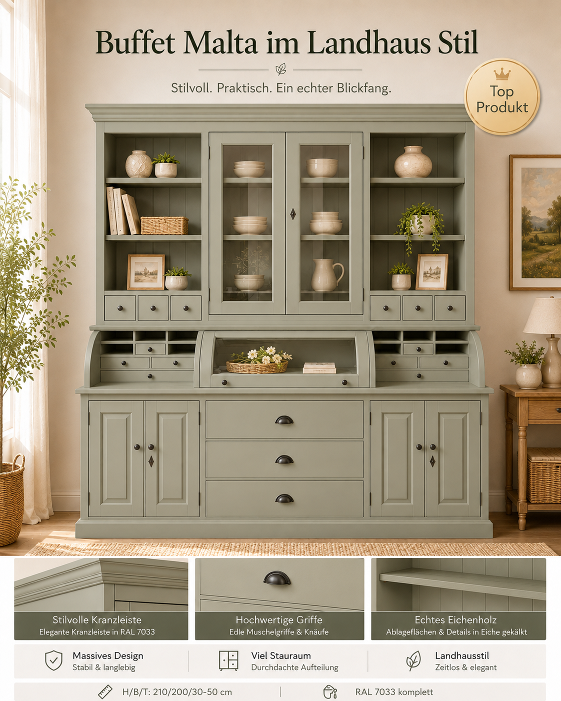 Landhaus Buffet Schrank Malta Ladenschrank Zementgrau 200 cm