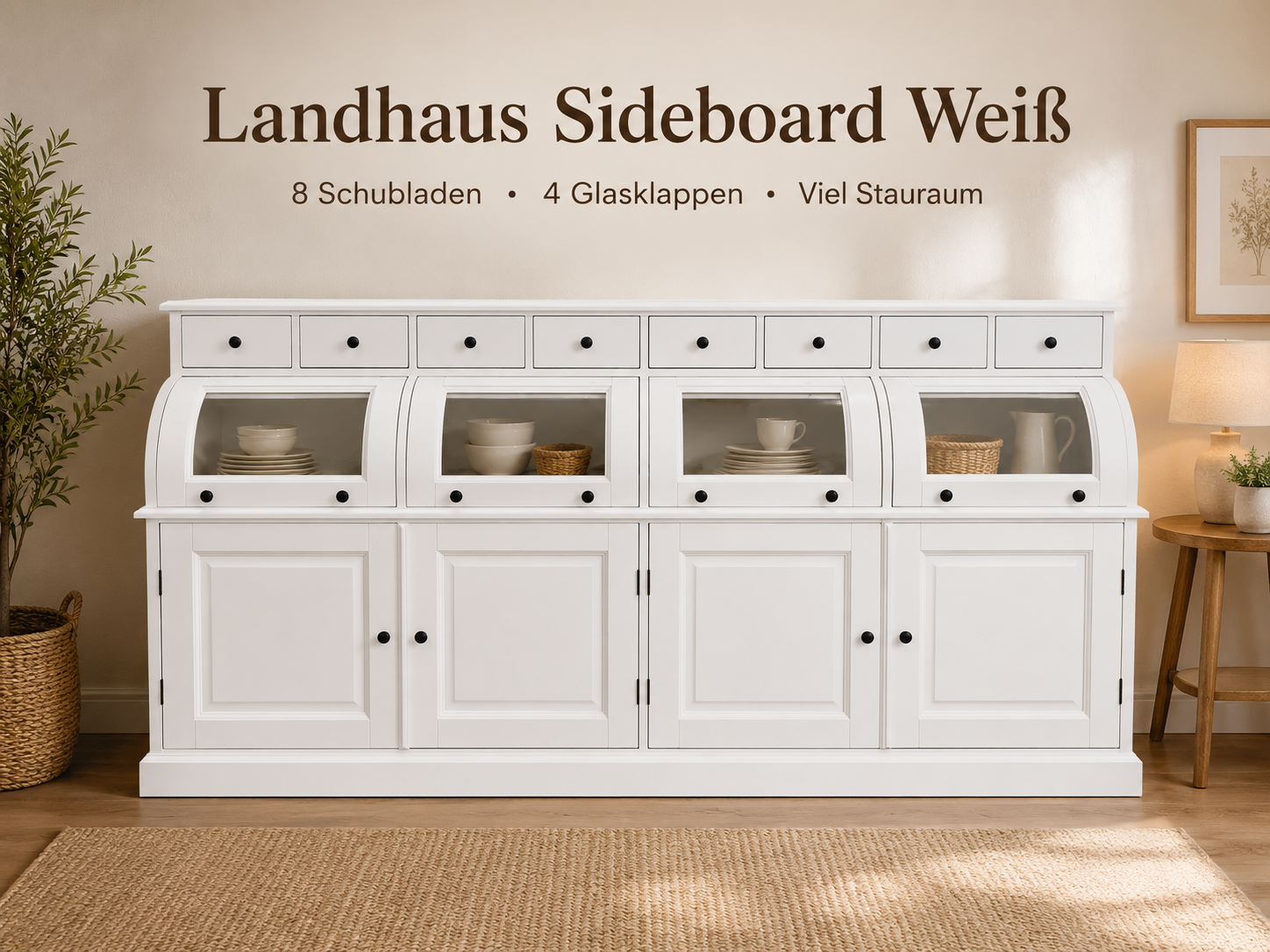 Landhaus Sideboard Berlin 200 cm weiß mit Glaselementen