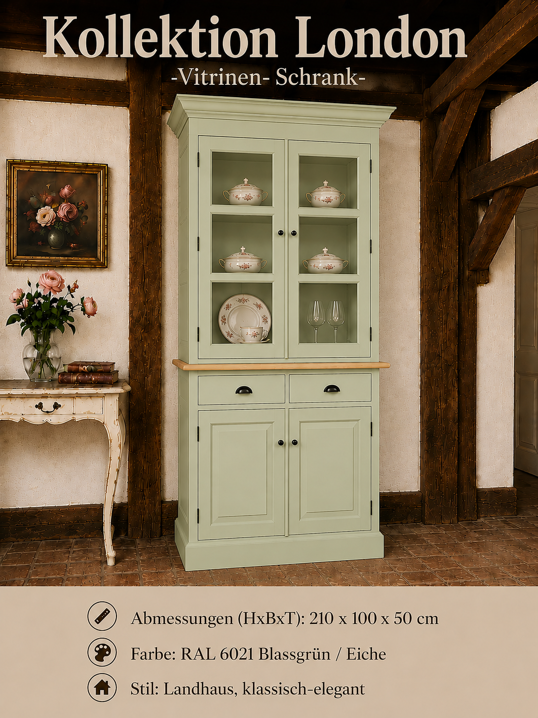 Vitrinen Schrank London Blassgrün RAL 6021  mit Eichenplatte – Landhausstil, 100 cm breit