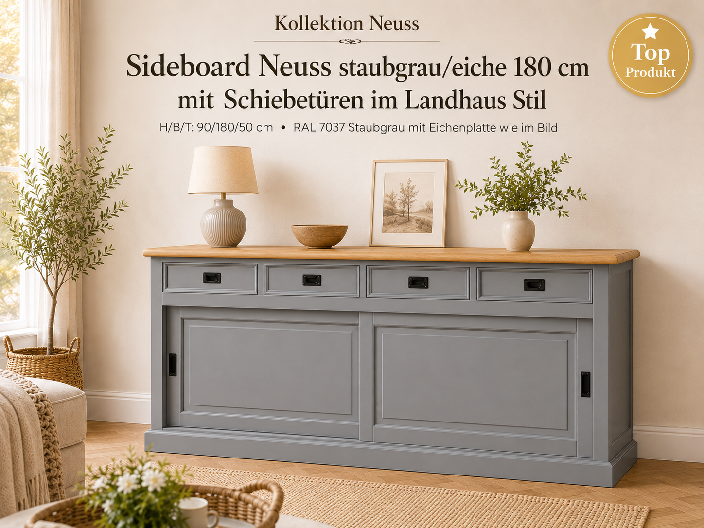 Sideboard Neuss grau/eiche 180 cm mit Schiebetüren im Landhaus Stil