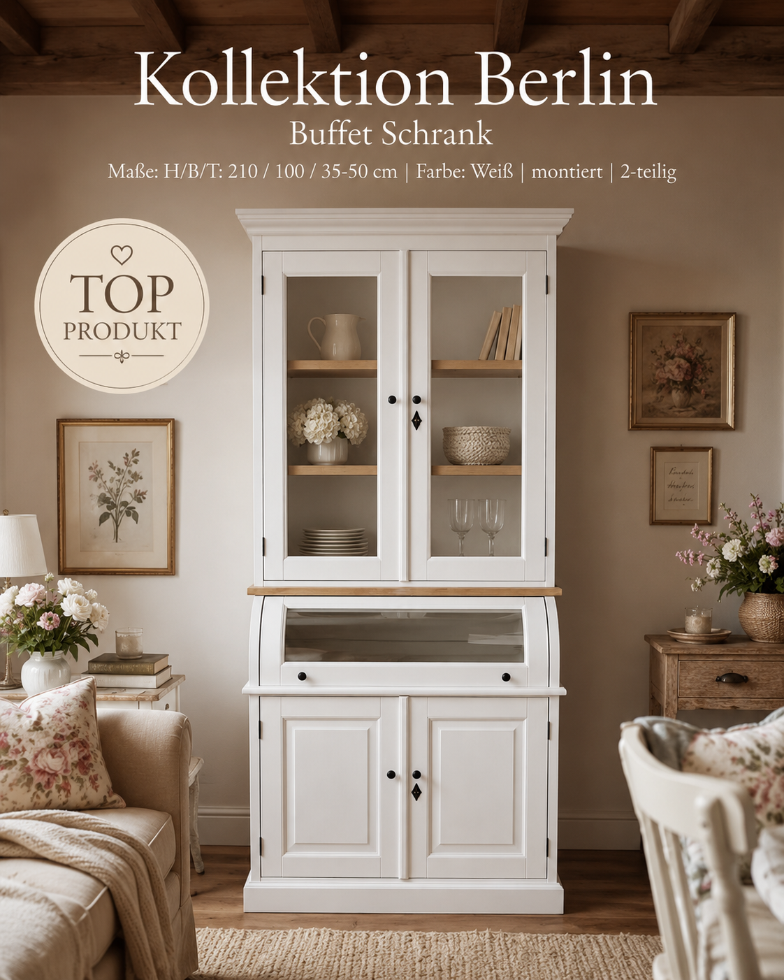 Buffet Schrank Berlin 100 cm mit Eiche weiß Landhaus- Stil